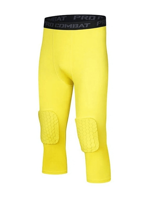 Yellow sports elastic men's leggings with knee pads, capri length, made from stretchy Nylon and Polyester for comfort and safety.